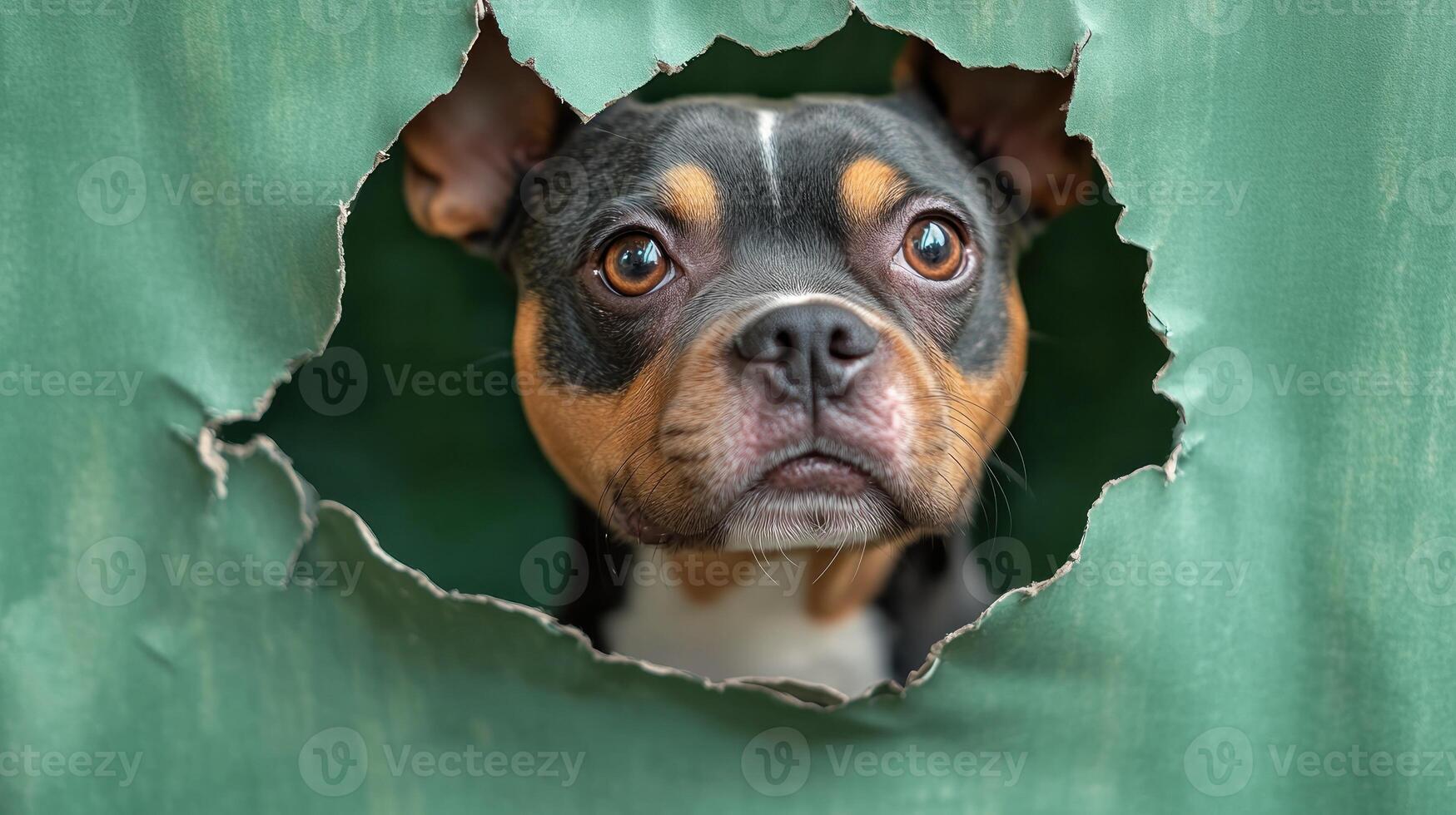 A playful dog peers intently through a hole in the cardboard, filled with curiosity photo