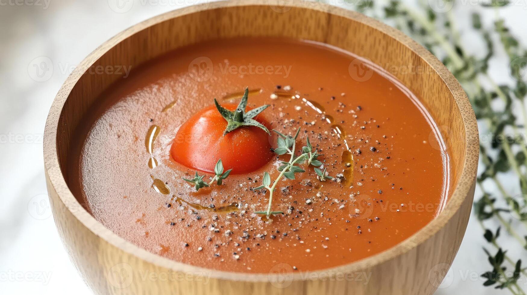 Delicious and vibrant tomato soup with a fresh herb garnish and a cherry tomato afloat photo