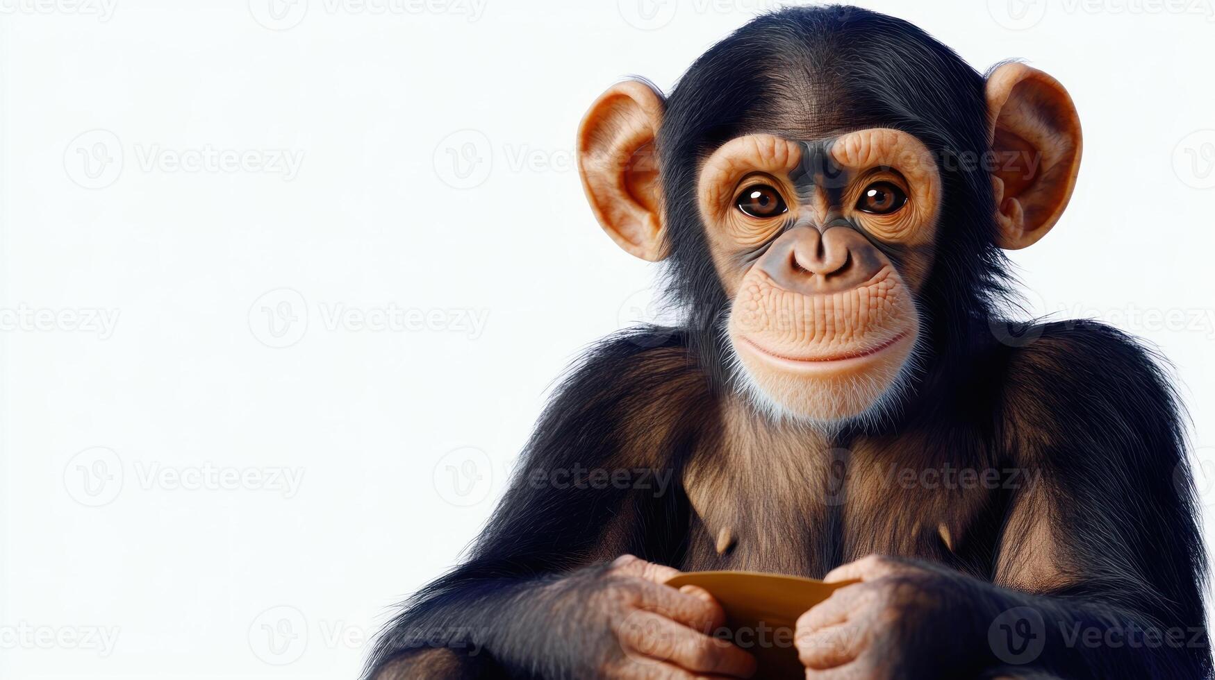 A young chimpanzee examines a small object with focused curiosity and charm photo