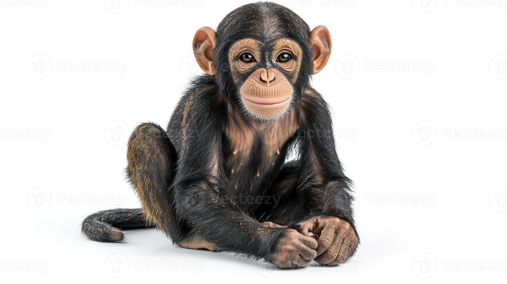 A young chimpanzee explores its surroundings with a playful demeanor photo