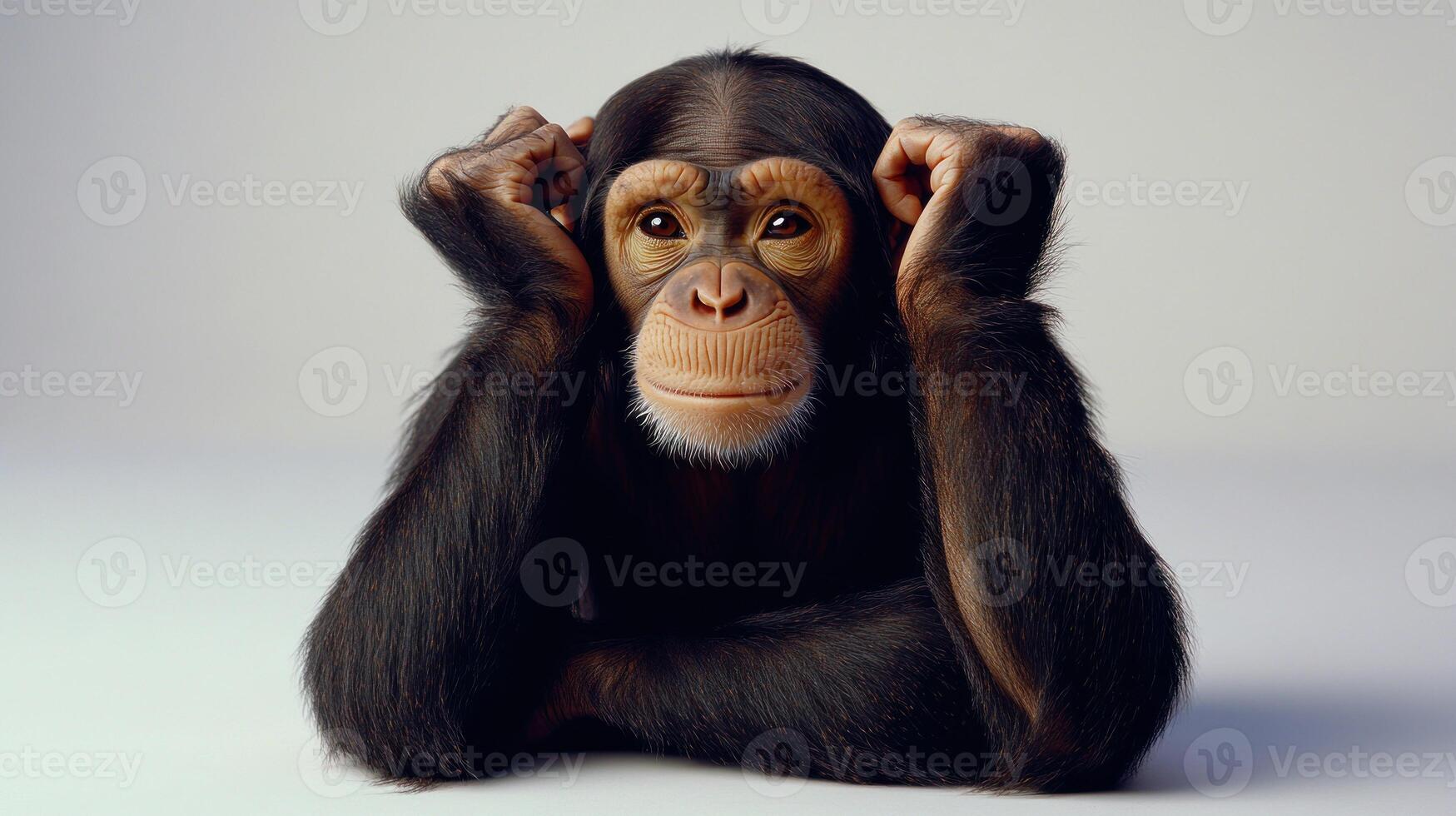 This young chimpanzee curiously examines the space, engaging with its environment photo