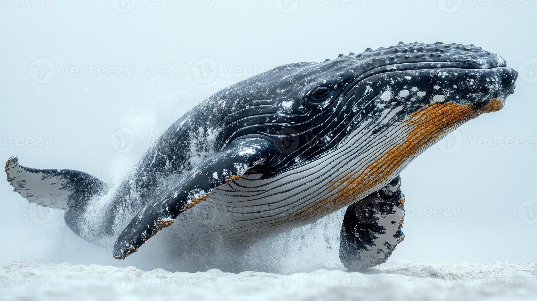 A magnificent humpback whale leaps from the water, sending splashes around it photo