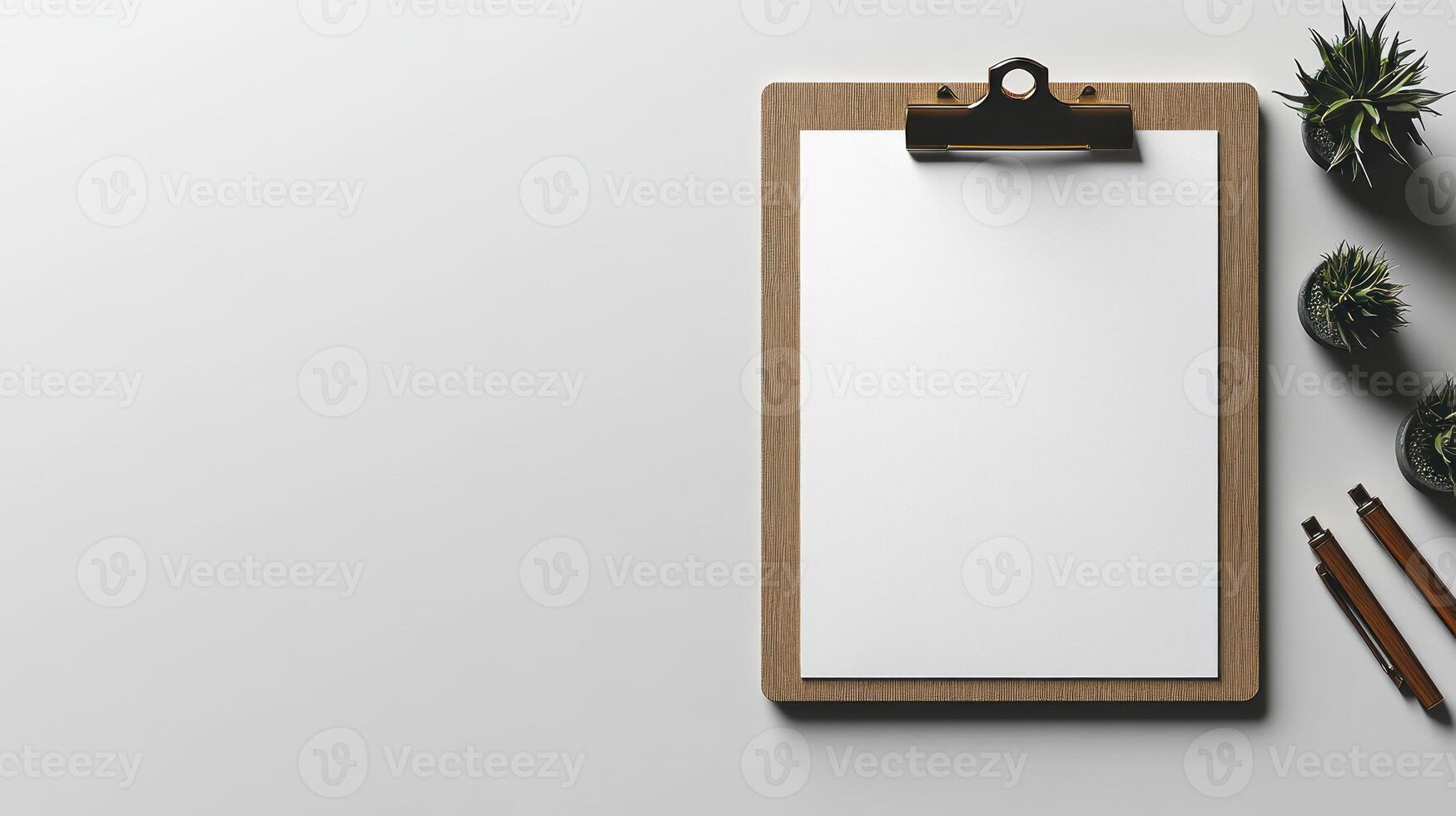 A clean workspace featuring a blank clipboard and elegant stationary photo