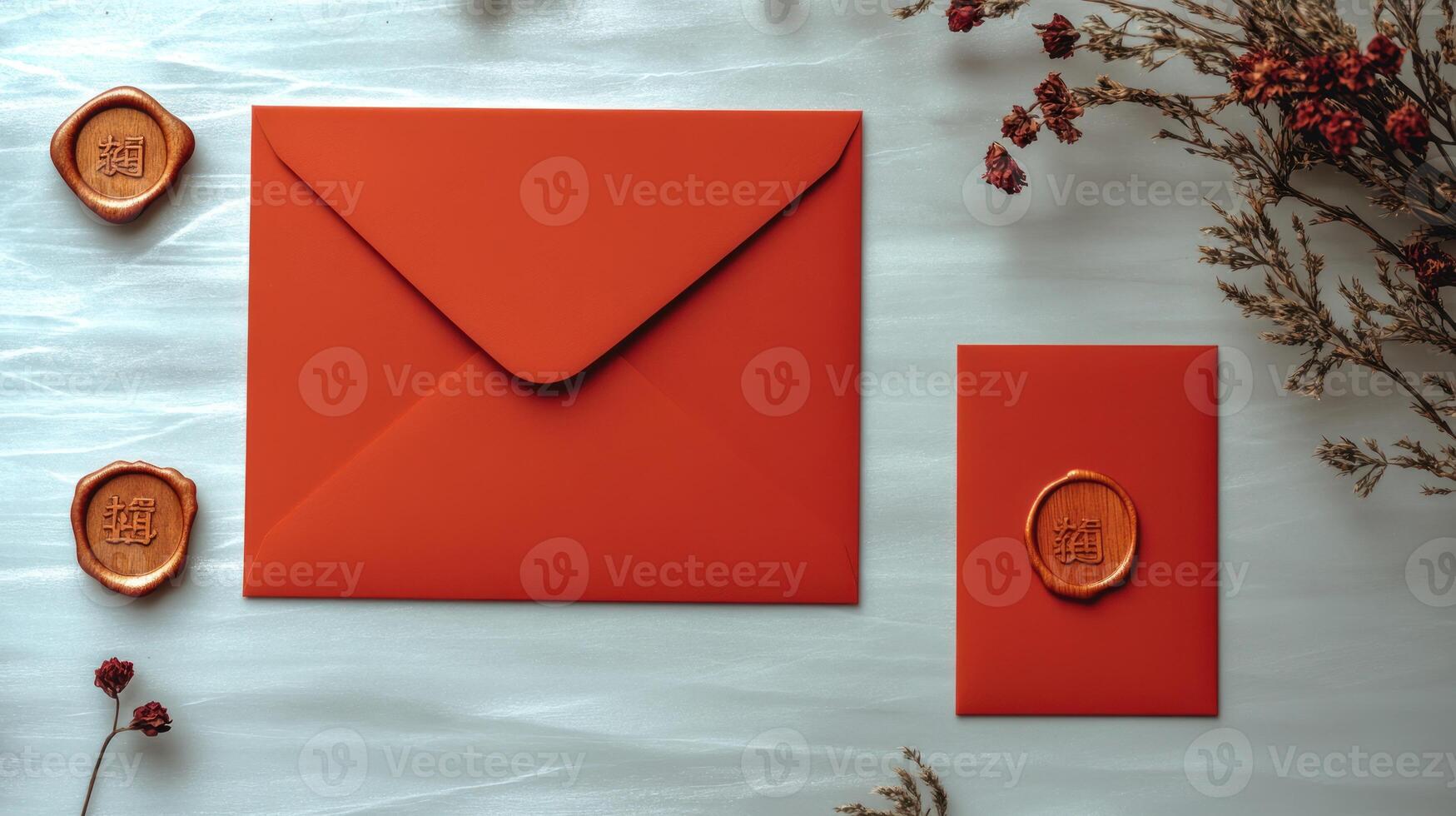 Delicate orange envelopes placed alongside wax seals and dried floral accents photo