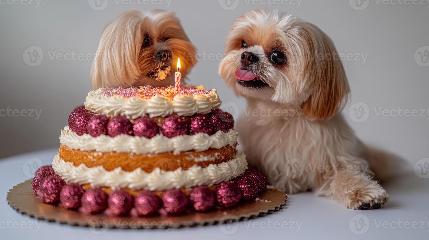 Two dogs gaze eagerly at a colorful cake with a lit candle photo