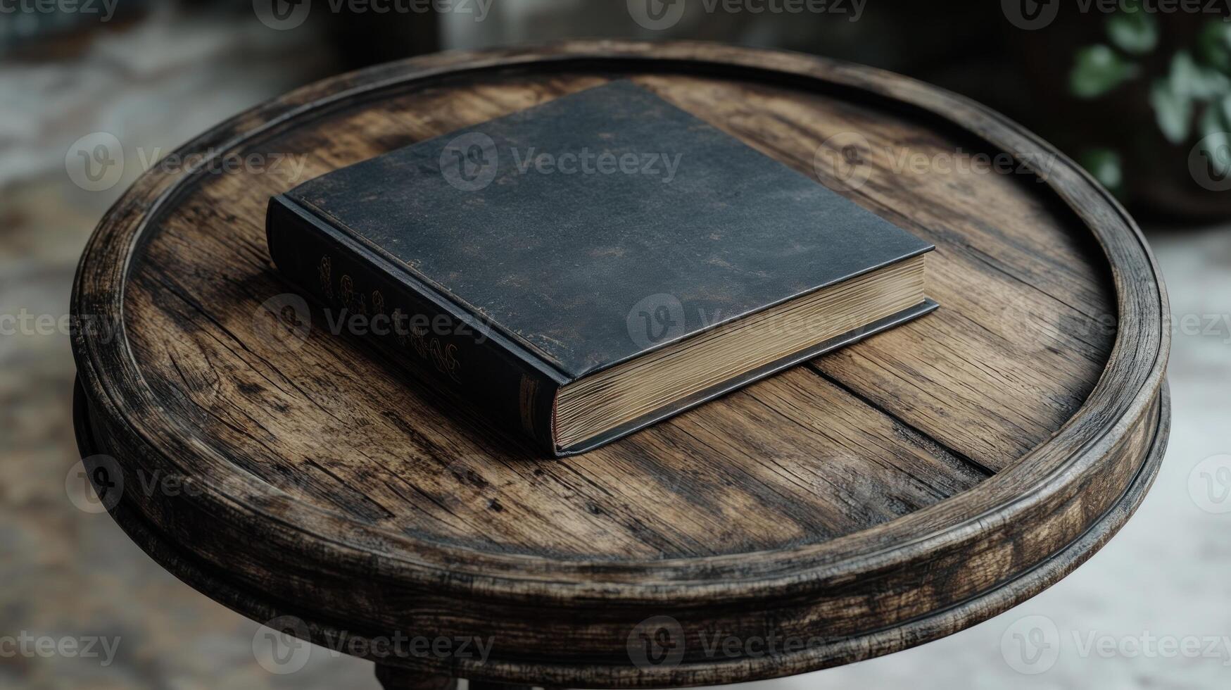 A solitary antique book sits on a round wooden table, inviting exploration photo