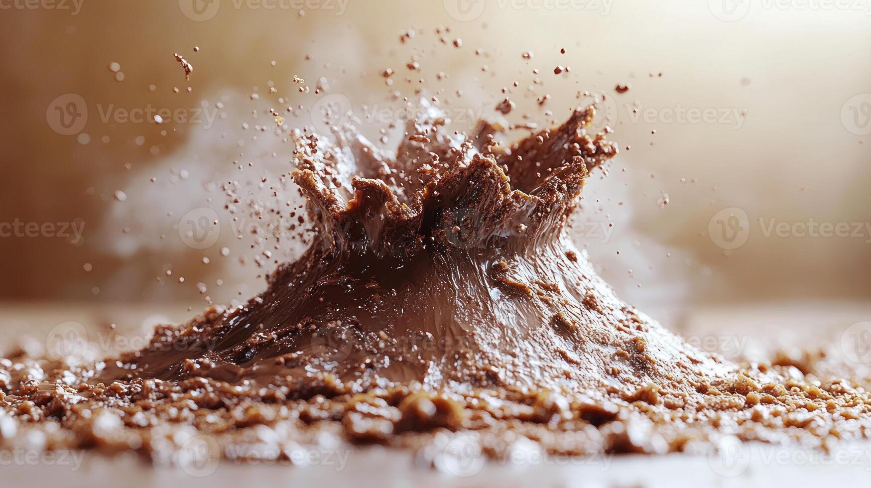 Chocolate erupts playfully, sending splashes across the warm kitchen surface photo