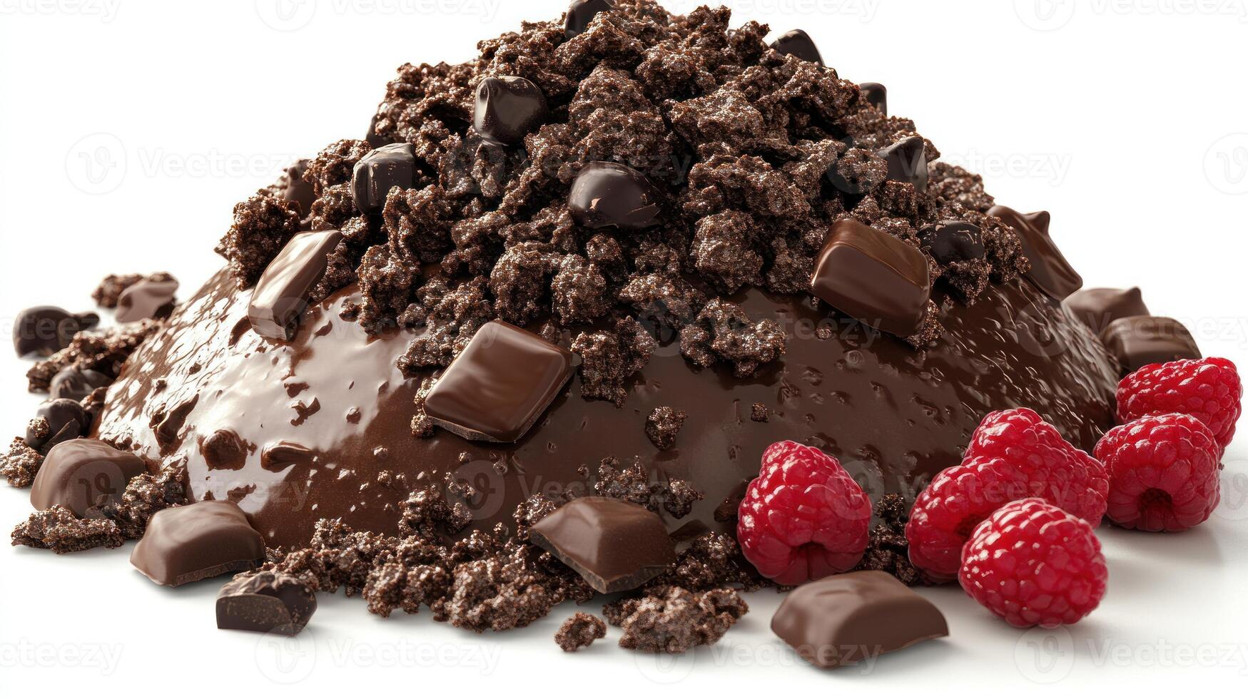 A luscious mound of chocolate topped with crunchy bits and vibrant raspberries photo