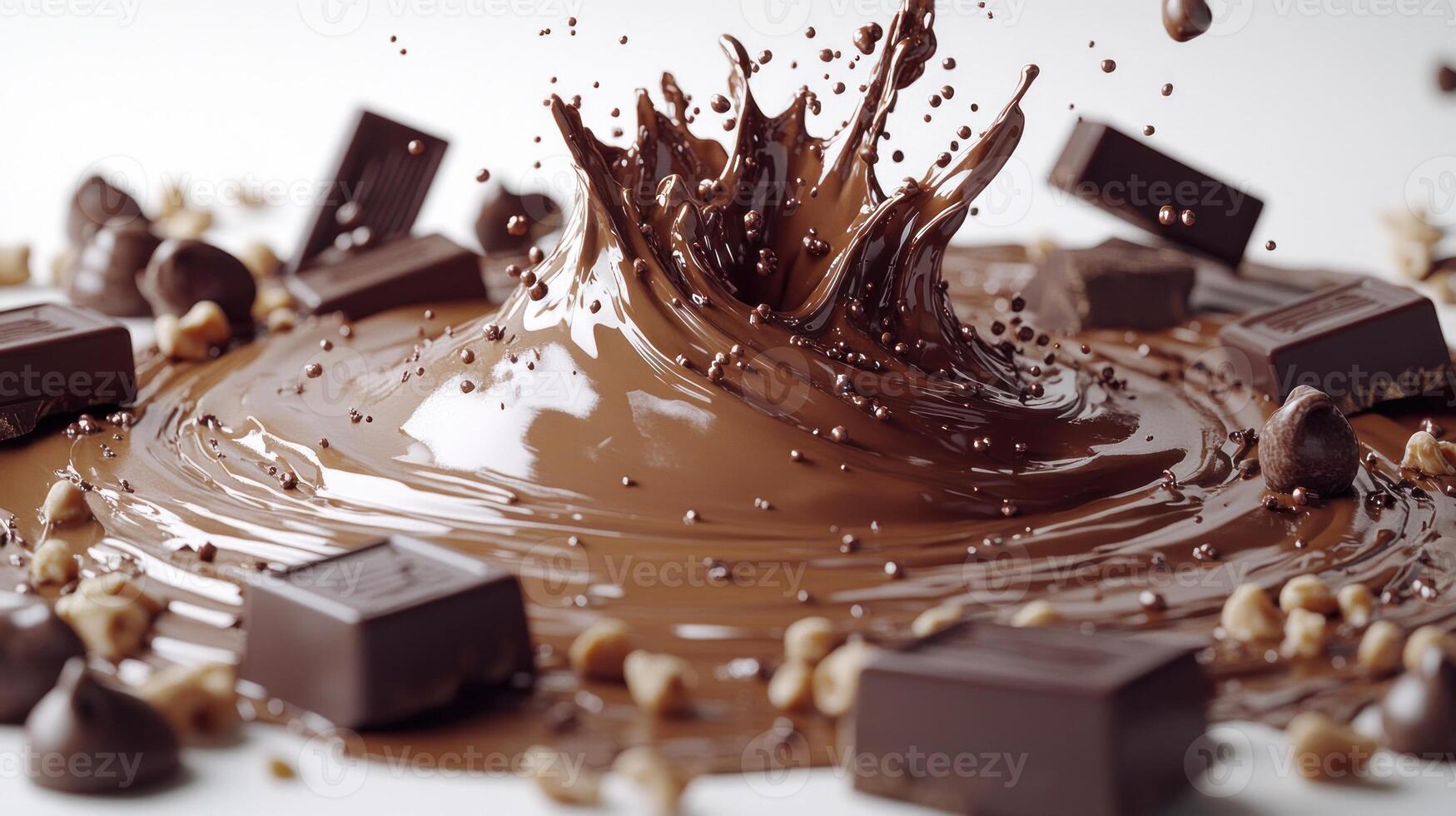 Delicious chocolate erupts beautifully, surrounded by tempting chocolate pieces photo