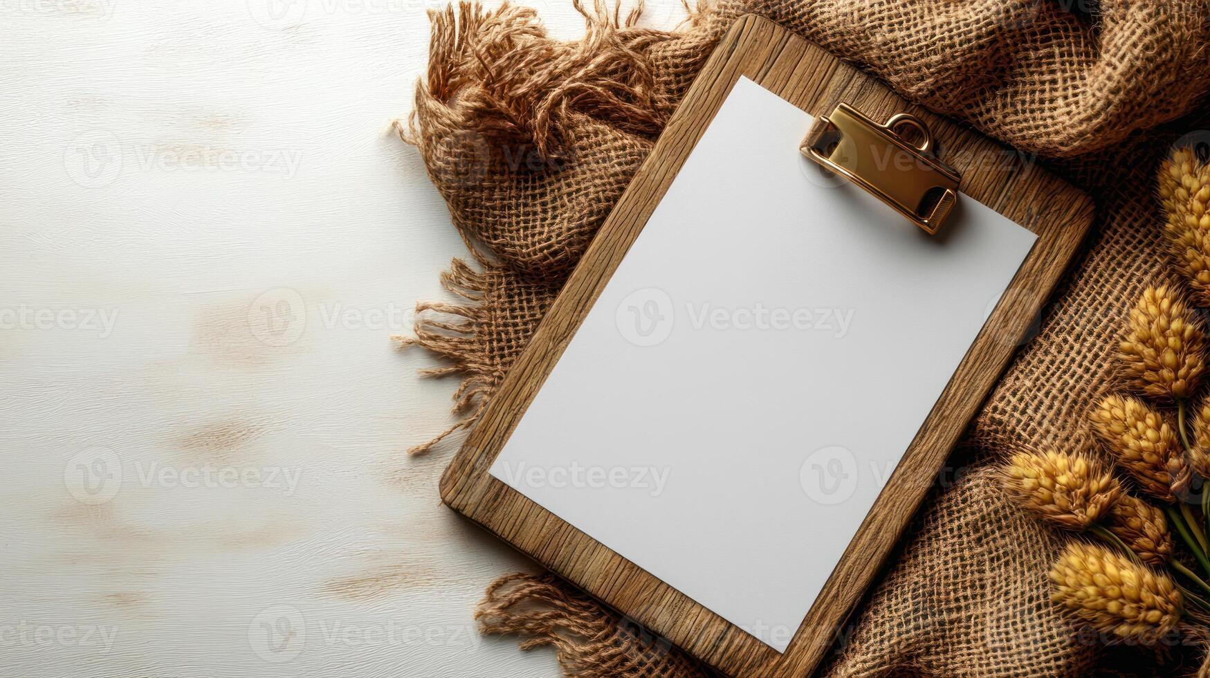 A blank clipboard surrounded by burlap and dried flowers, ready for creativity photo