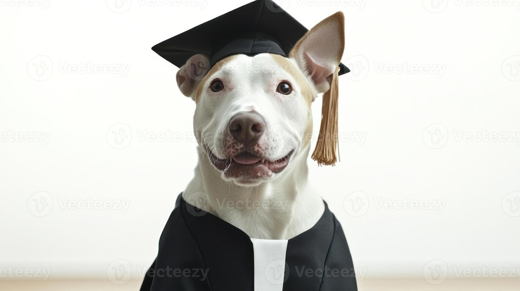 A happy dog wears a graduation cap and gown, celebrating its achievement photo