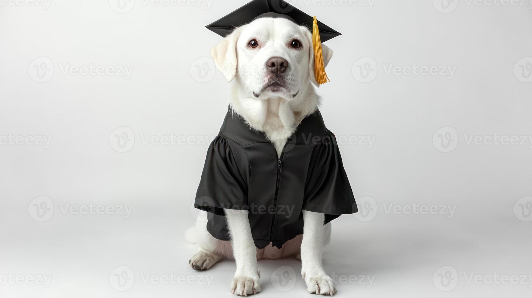 A dog sits wearing a graduation cap and gown, looking joyful and proud photo