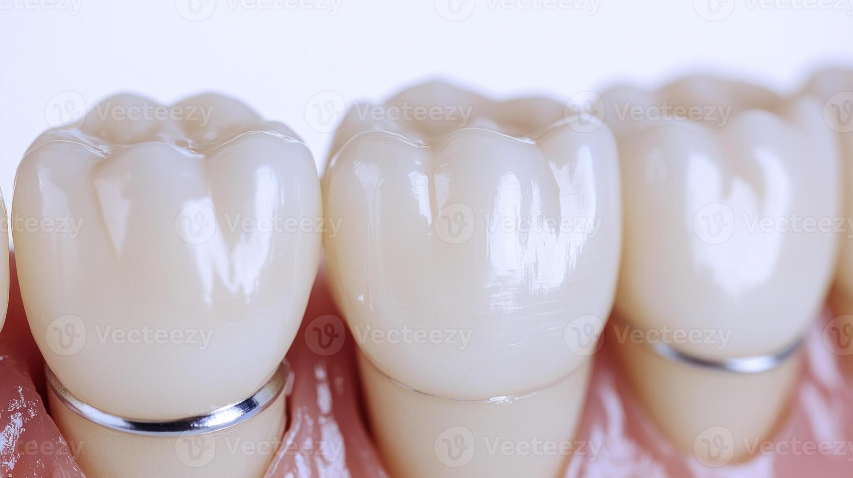 Dental crowns are displayed on a model with polished silver bands photo