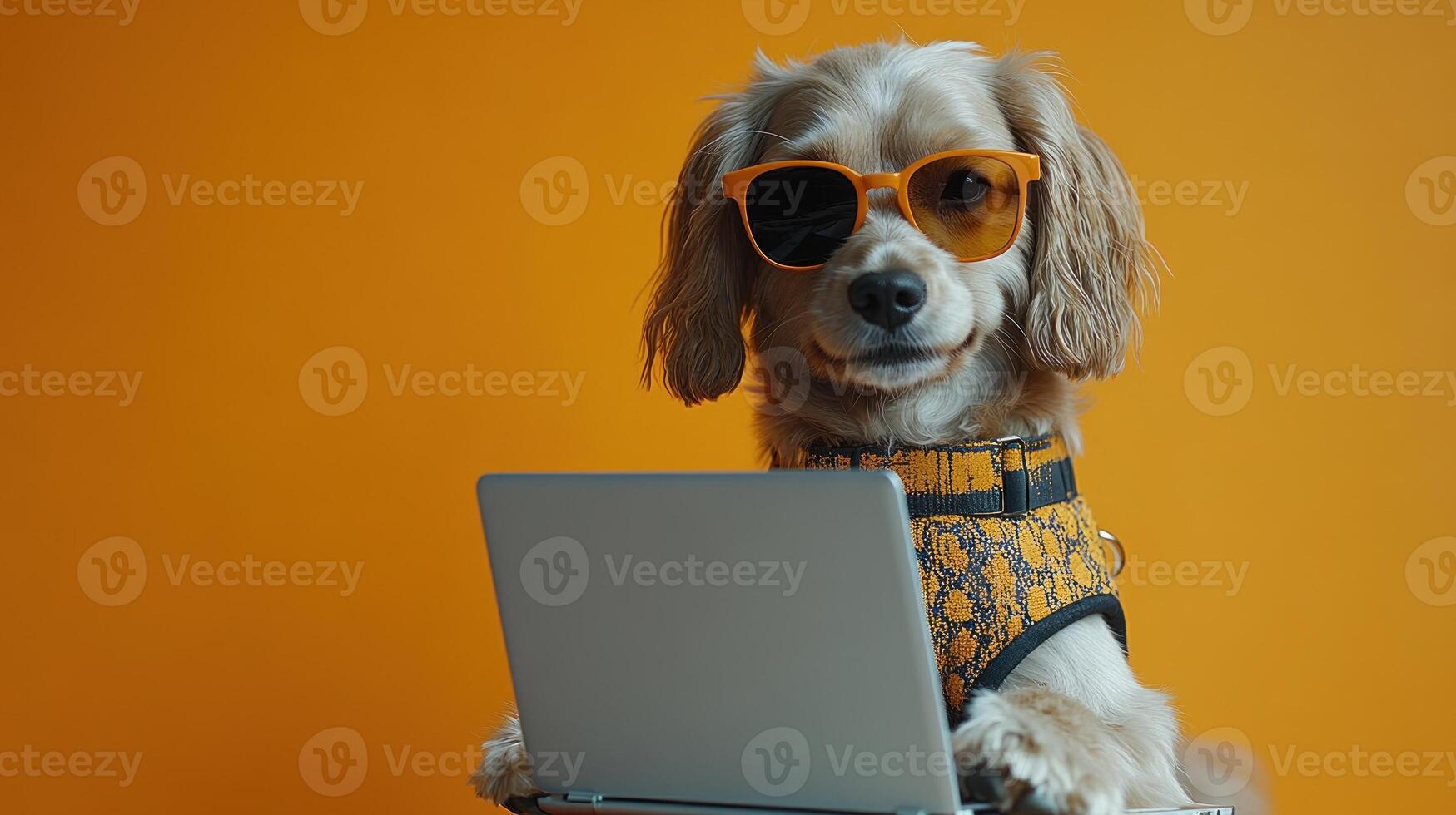 A fashionable dog works intently on a laptop while wearing sunglasses photo