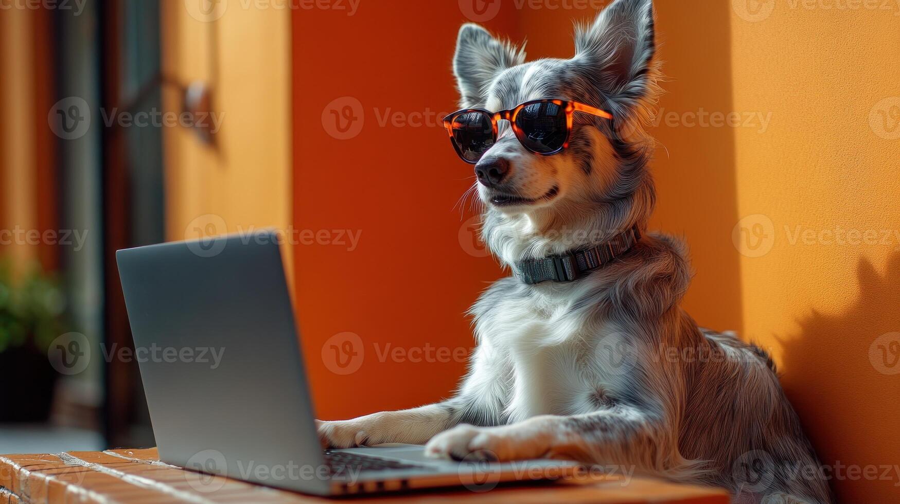 A dog in sunglasses sits in front of a laptop, enjoying the sunshine photo