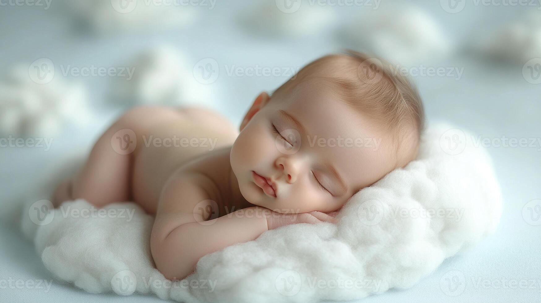 A peaceful infant rests serenely on fluffy white clouds, deep in sleep photo
