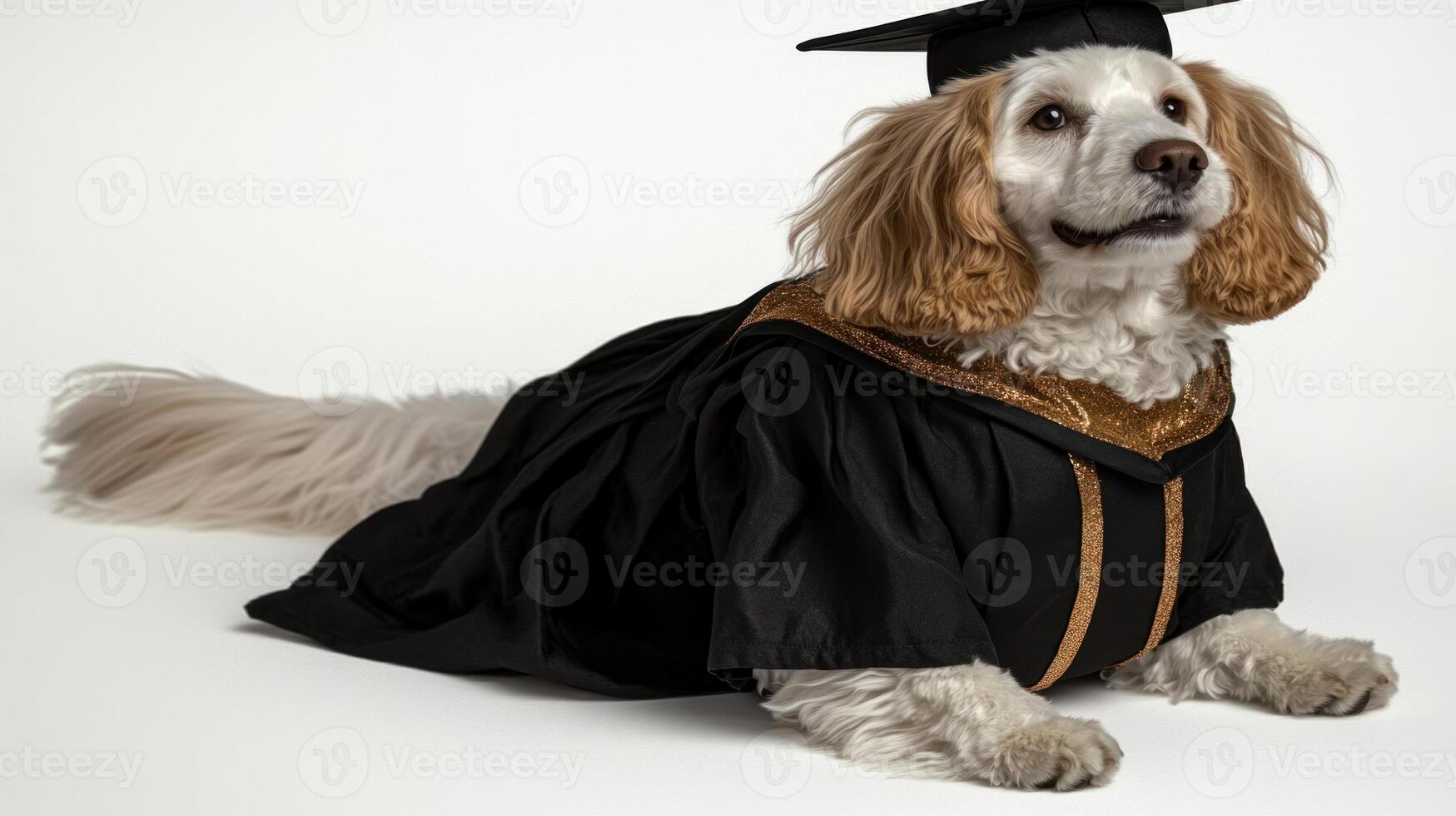 A dog dressed in graduation attire looks poised and proud photo