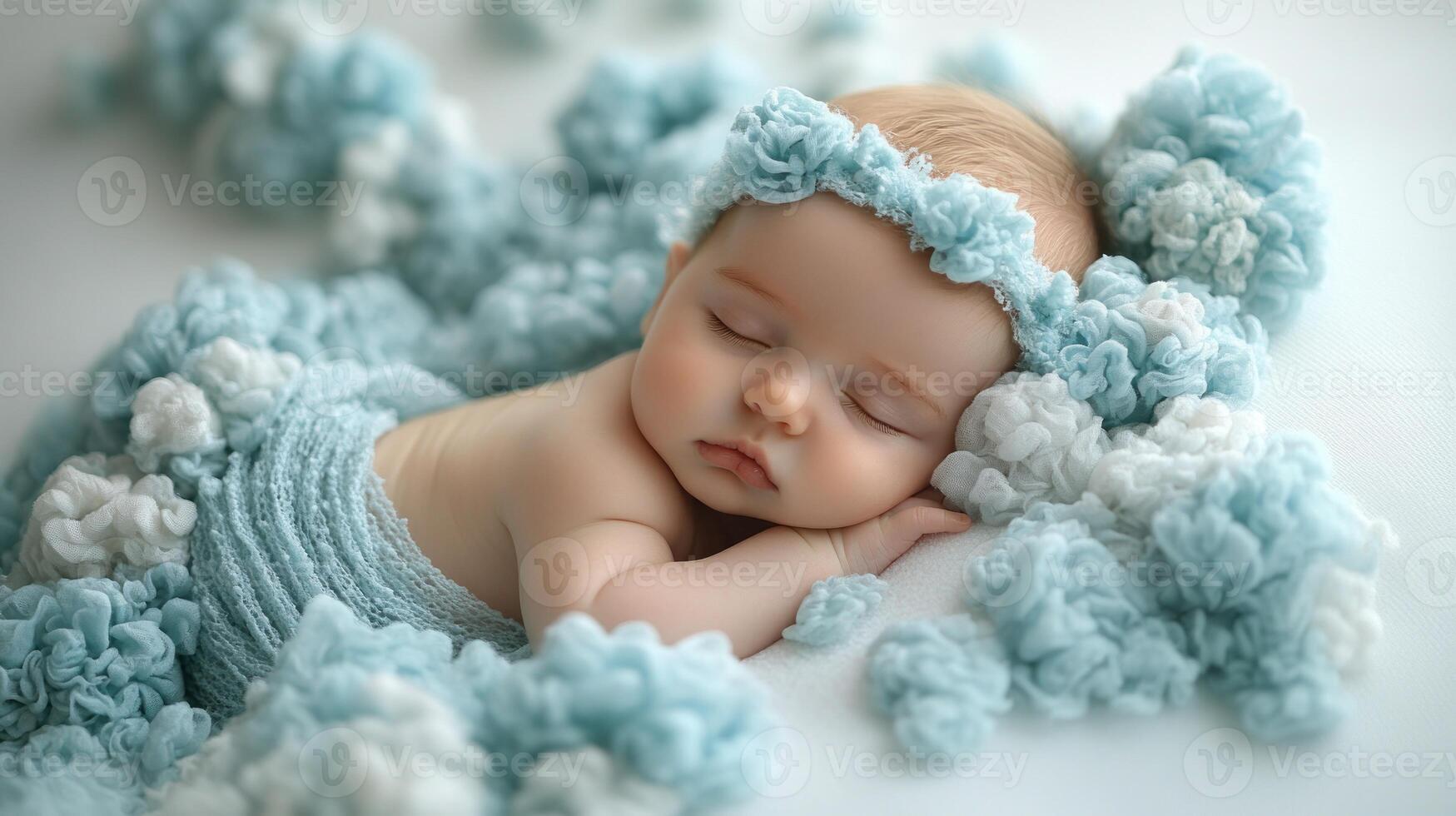 Sweet baby slumbers comfortably among fluffy blue and white textures photo