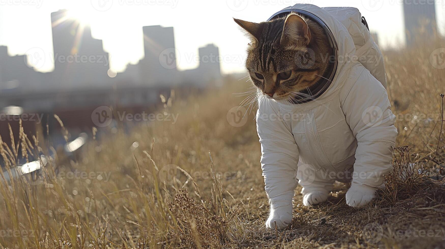A curious cat walks through grass against a city skyline backdrop photo