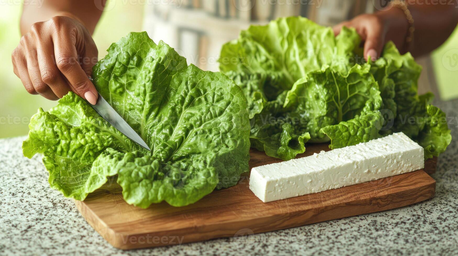 Preparing fresh salad ingredients with crisp lettuce and creamy cheese photo