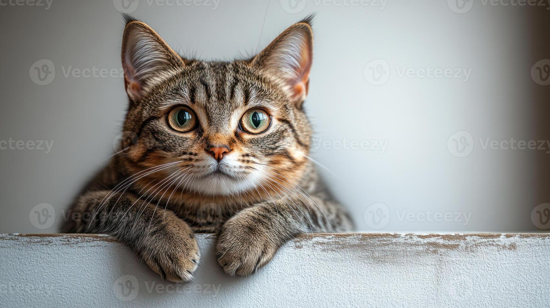 Playful cat gazes intently while resting on a sunlit ledge photo