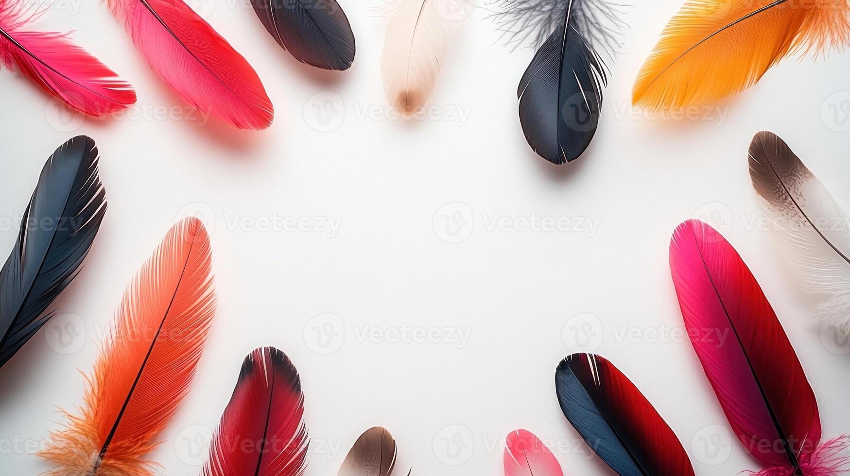 Colorful feathers spread out gracefully in a circular arrangement photo
