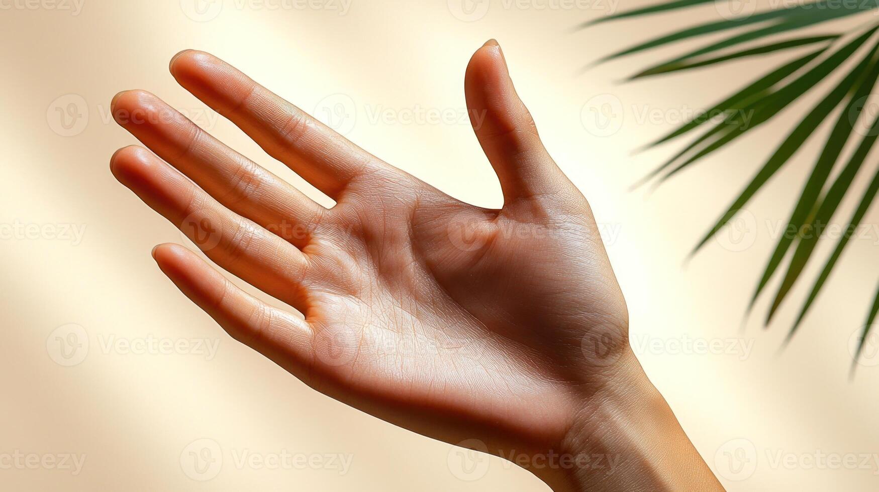 A hand stretches upward, inviting warmth from the soft light and greenery photo