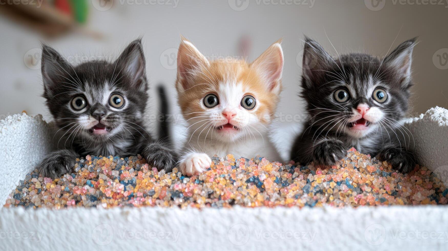 Three curious kittens eagerly investigate their vibrant litter box photo