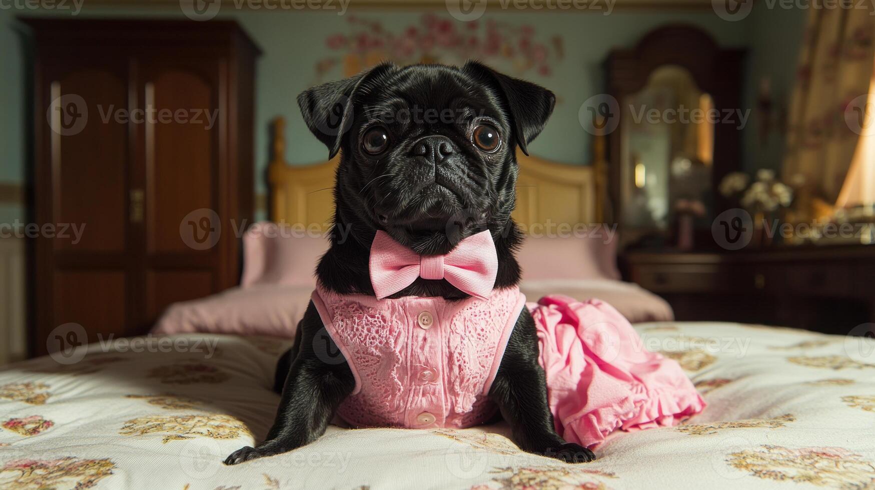A stylish pug dressed in pink relaxes on a beautifully adorned bed photo