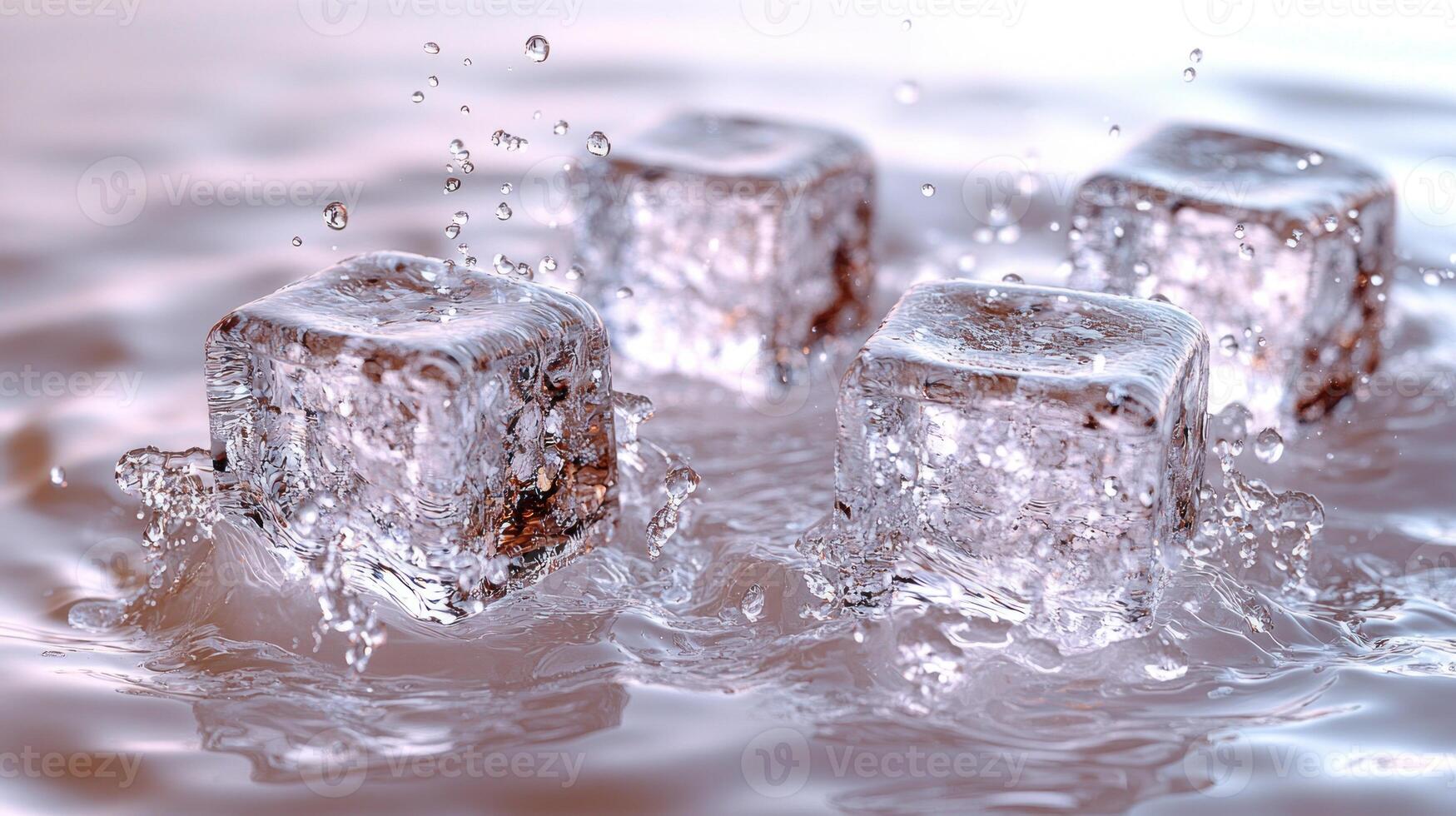 Ice cubes drop into water, creating splashes and ripples of liquid freshness photo