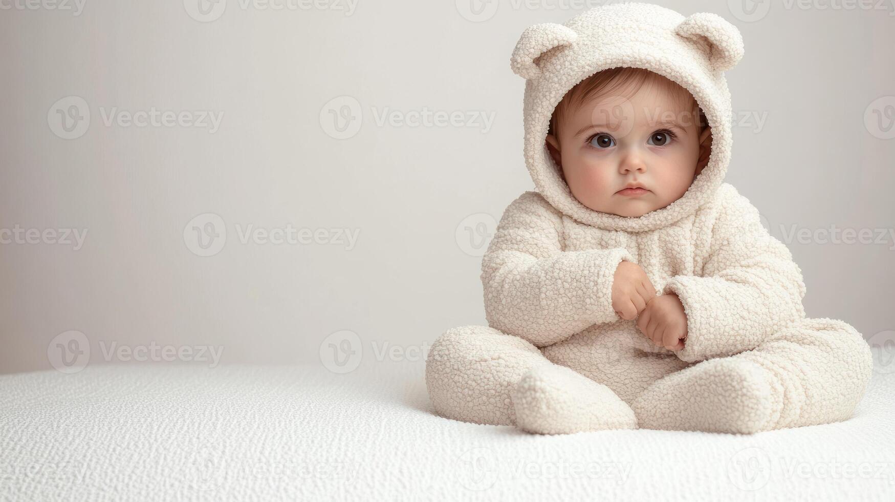 A curious child dressed as a teddy bear sits on a soft surface photo