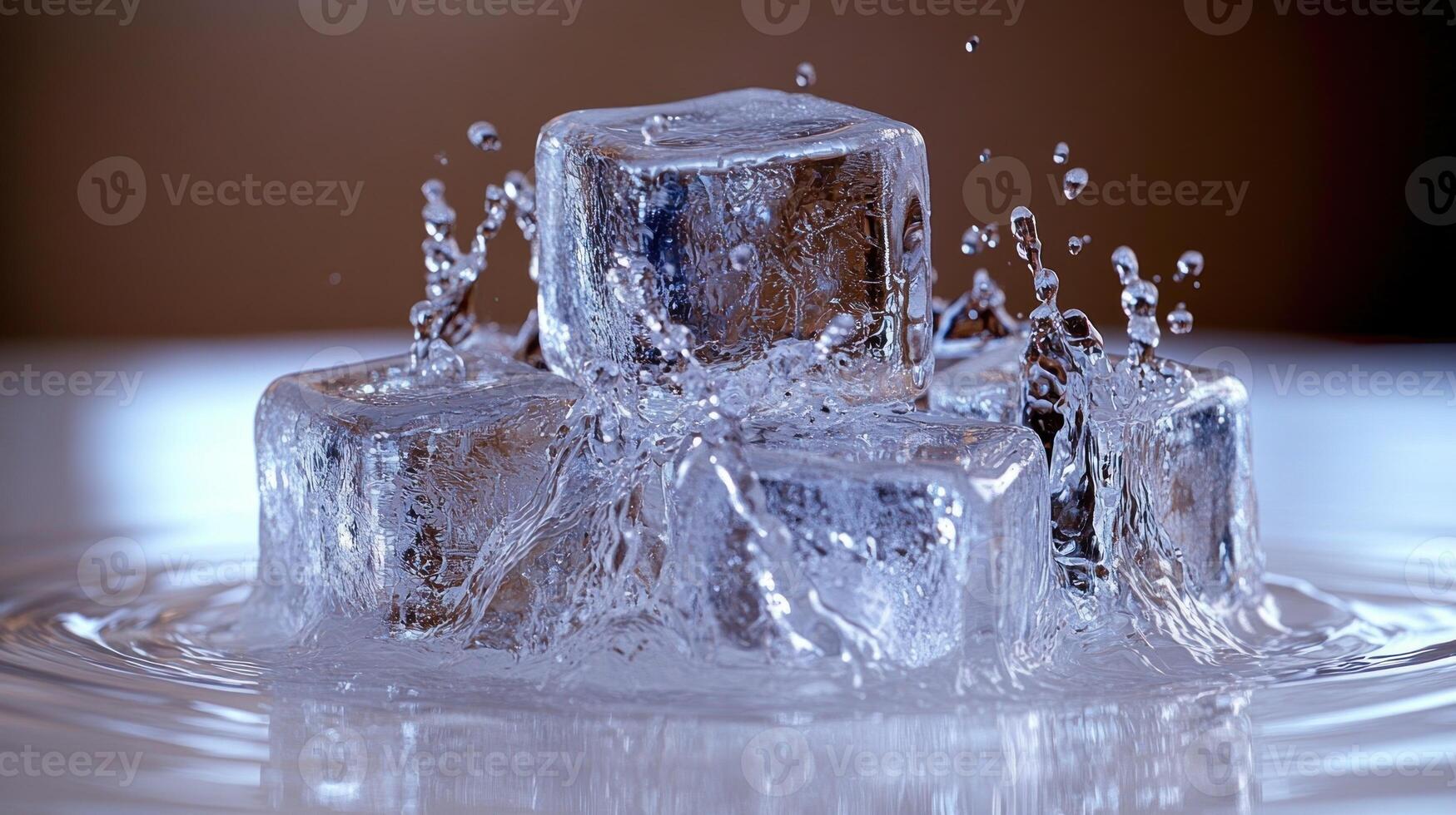 Ice cubes create ripples and splashes in shimmering water droplets photo