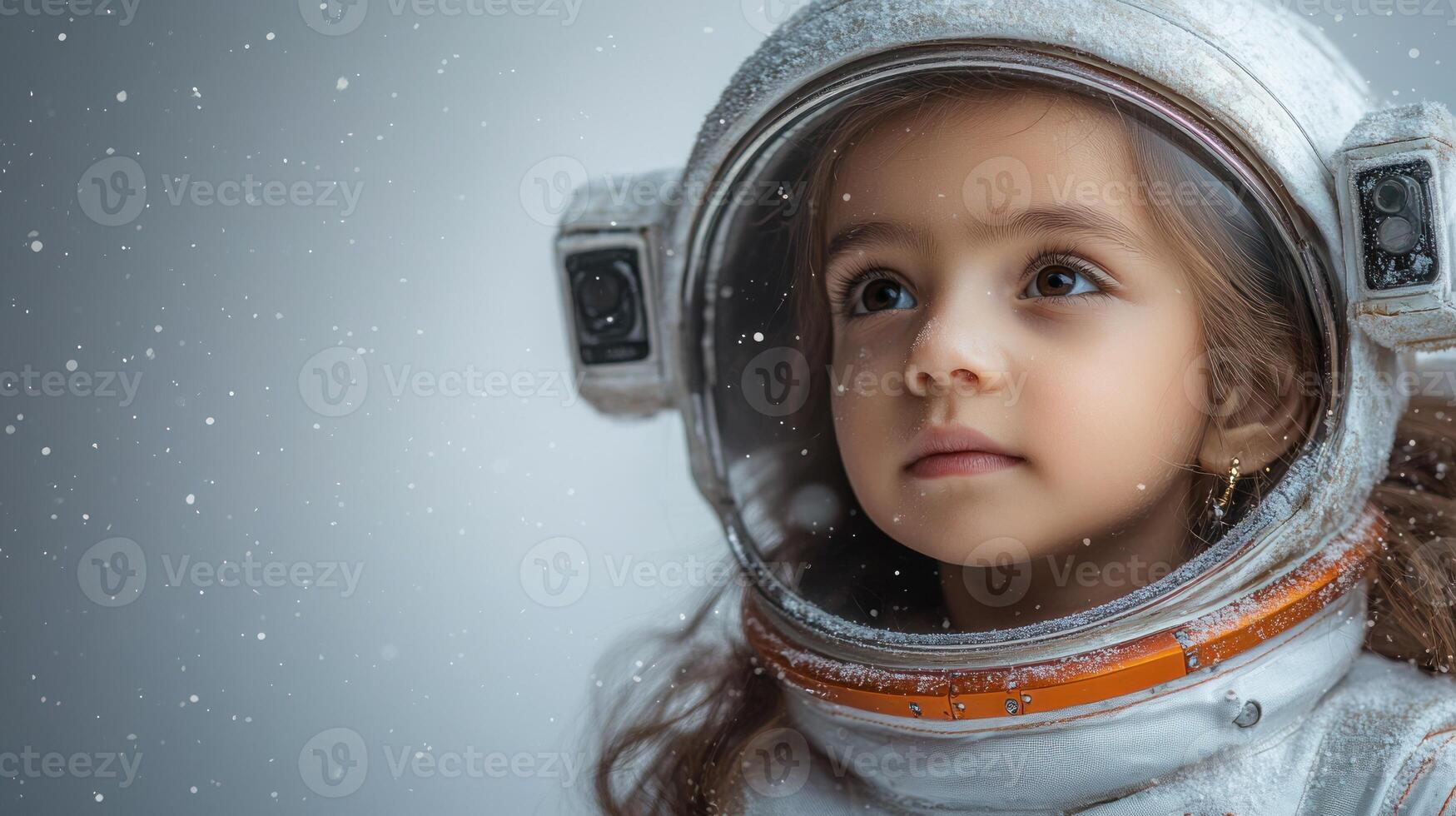 A curious child dressed as an astronaut stares up in wonder amid falling snowflakes photo