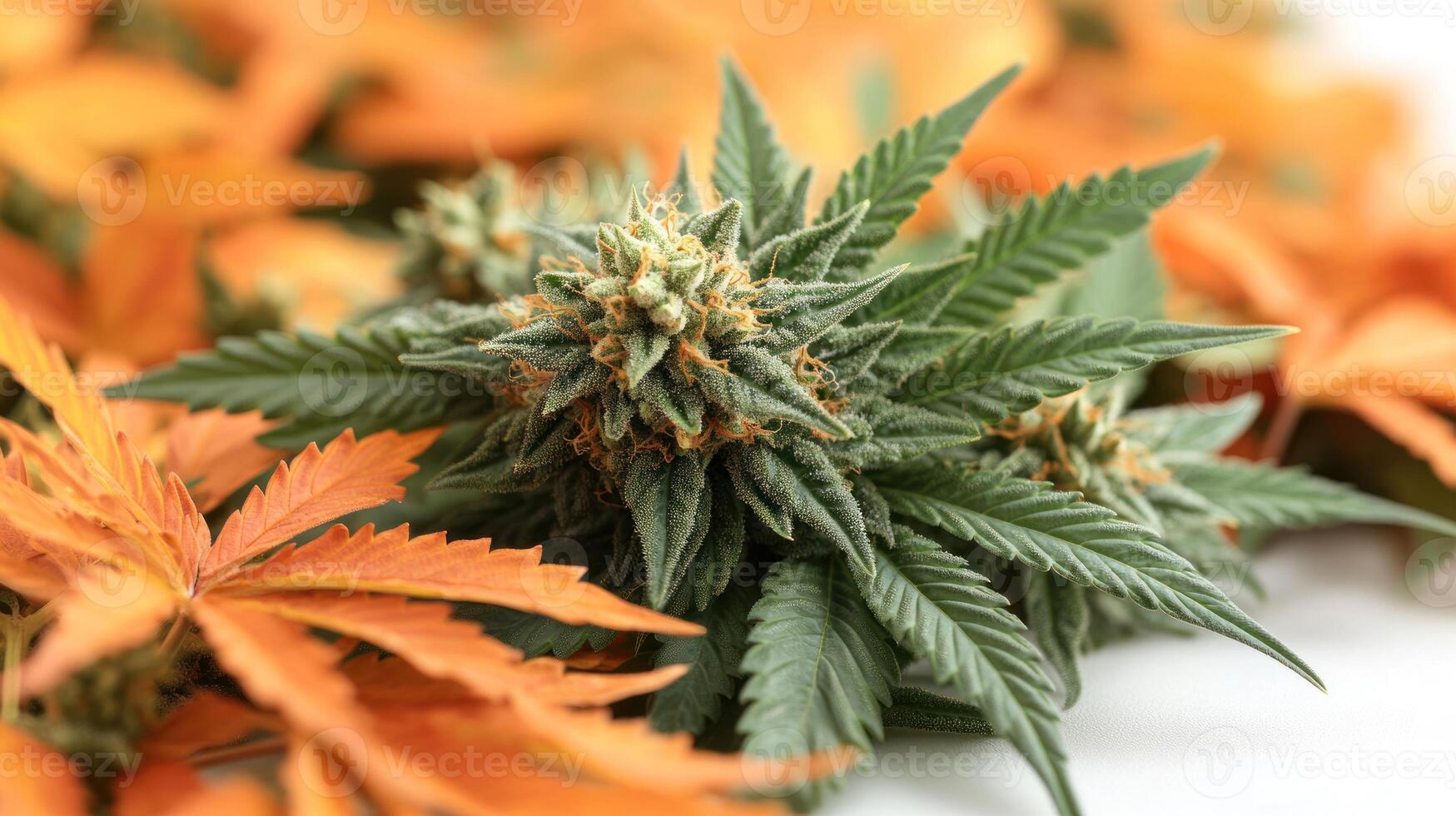 Lush cannabis buds resting amid colorful autumn foliage create a unique contrast photo