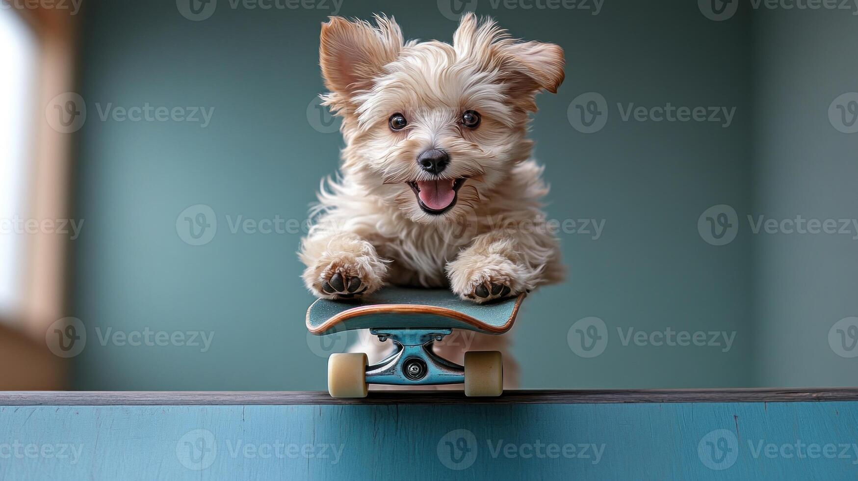 A cheerful puppy skates with excitement across a colorful surface photo