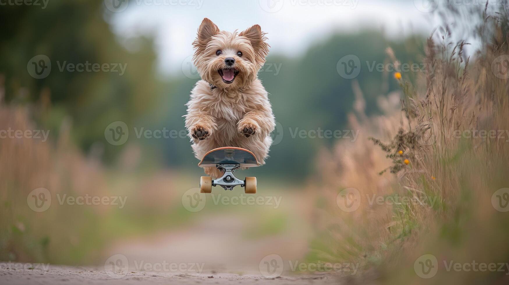A dog happily skateboards down a tranquil dirt path in nature photo