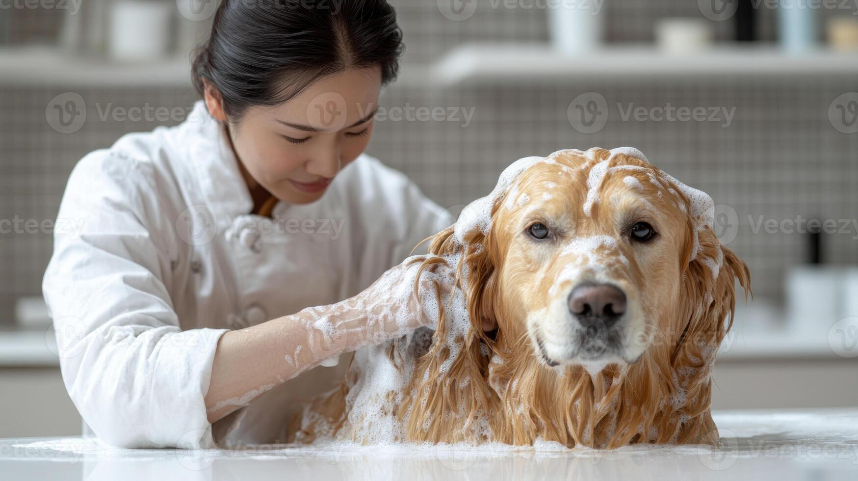 A golden retriever enjoys a soothing bath from its caring owner photo