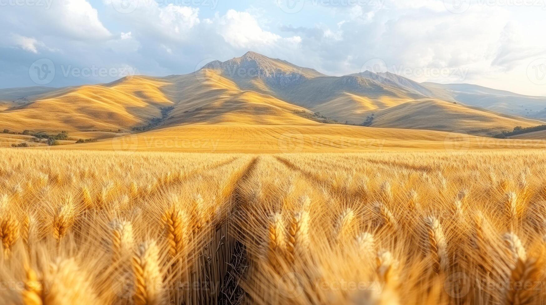 Fields of golden wheat sway gently under a cloudy sky at dusk photo
