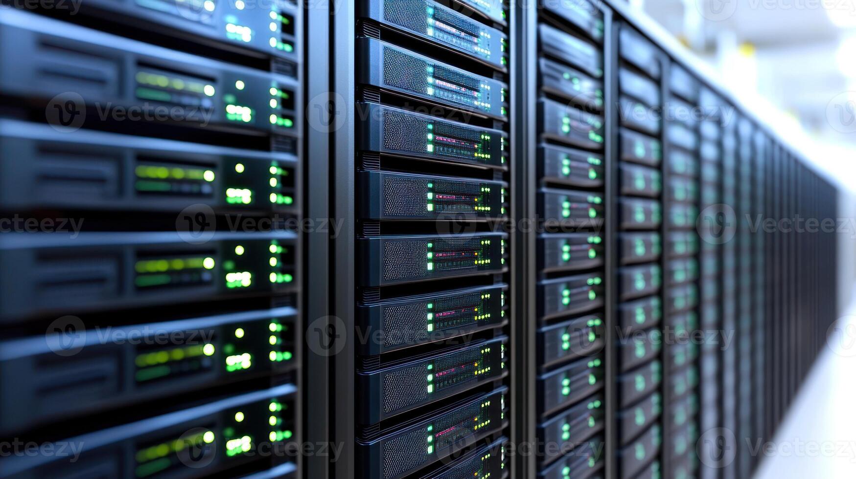 Rows of servers illuminate softly while processing data in a dimly lit room photo