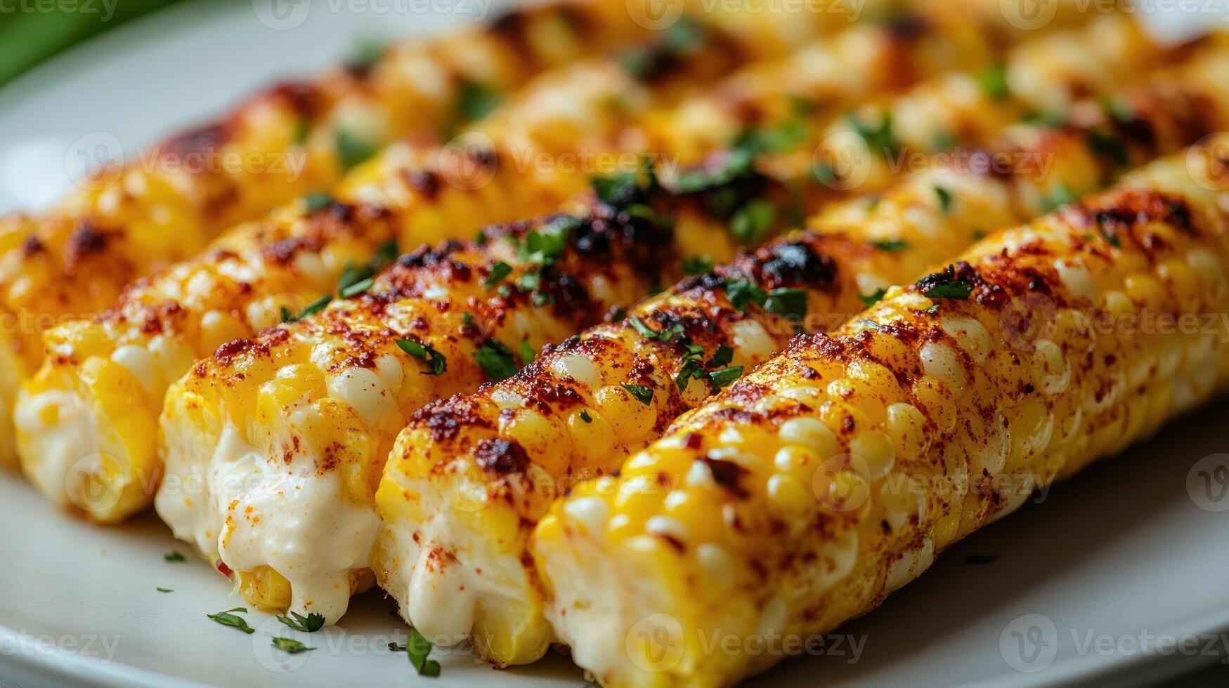 Deliciously charred corn on the cob garnished with vibrant green herbs photo