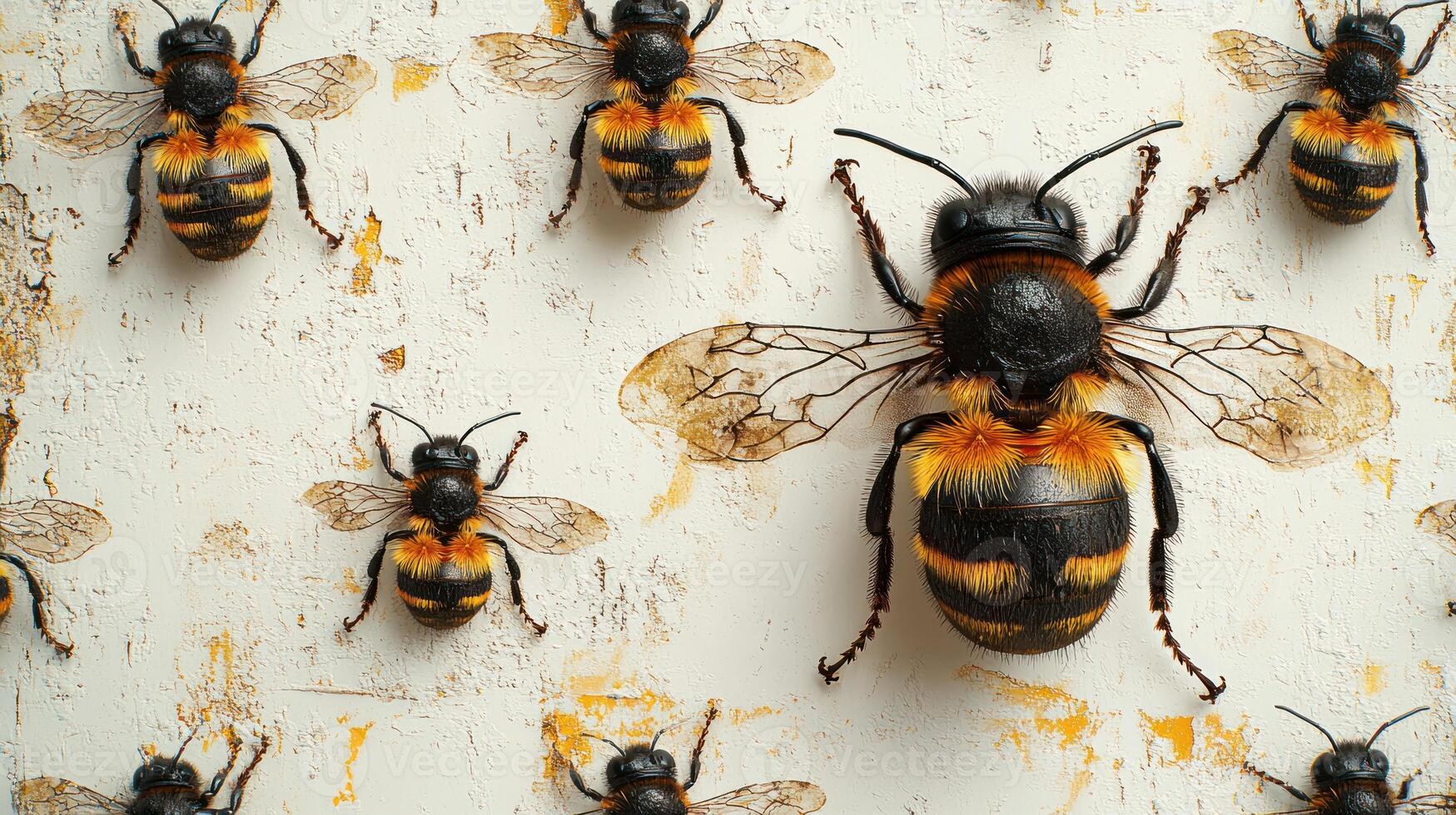 Bees gather on a rustic background, showcasing their intricate beauty and harmony photo
