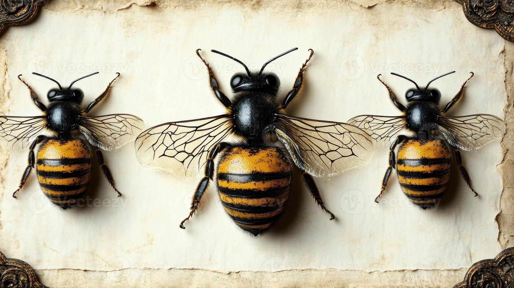 Bees delicately positioned on an aged textured backdrop showcasing their beauty photo