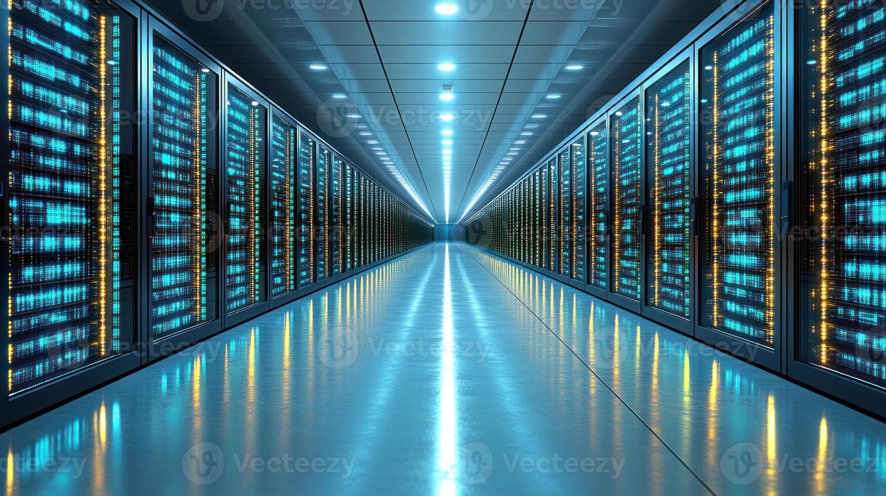 Futuristic servers glow brightly in a sleek corridor designed for technology photo