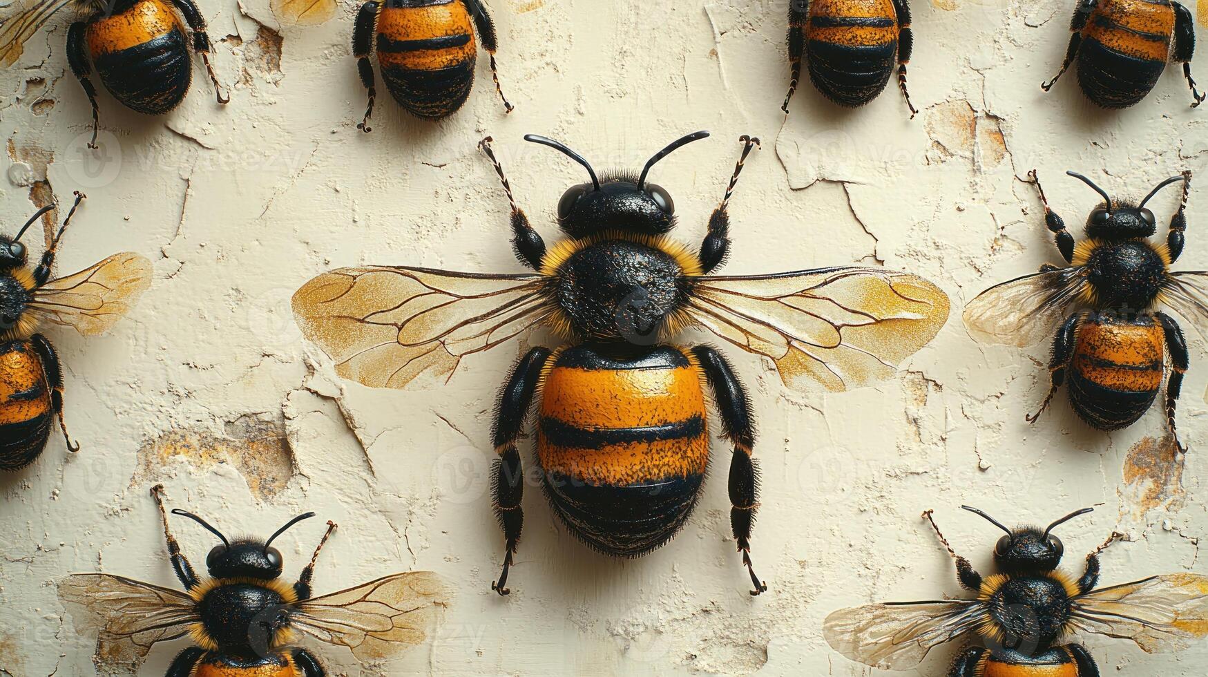 Bees cluster together against a weathered, textured surface, showcasing nature's beauty photo