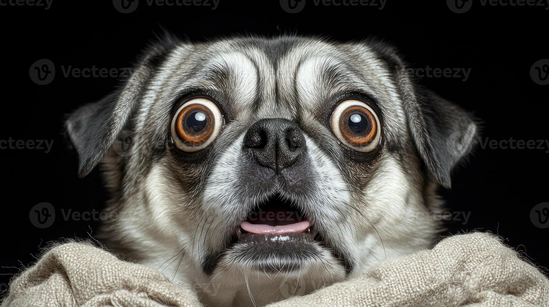 A dog looks shocked and curious while snuggled in soft fabric photo