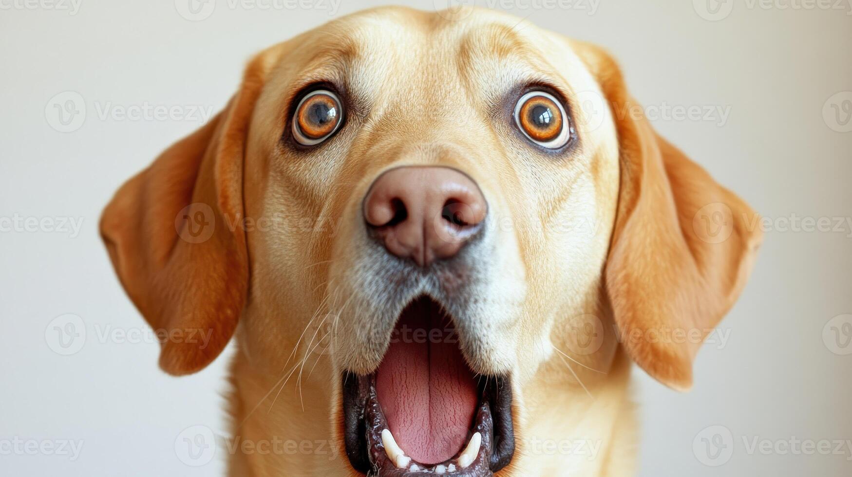 A golden Labrador looks surprised with wide eyes and an open mouth photo