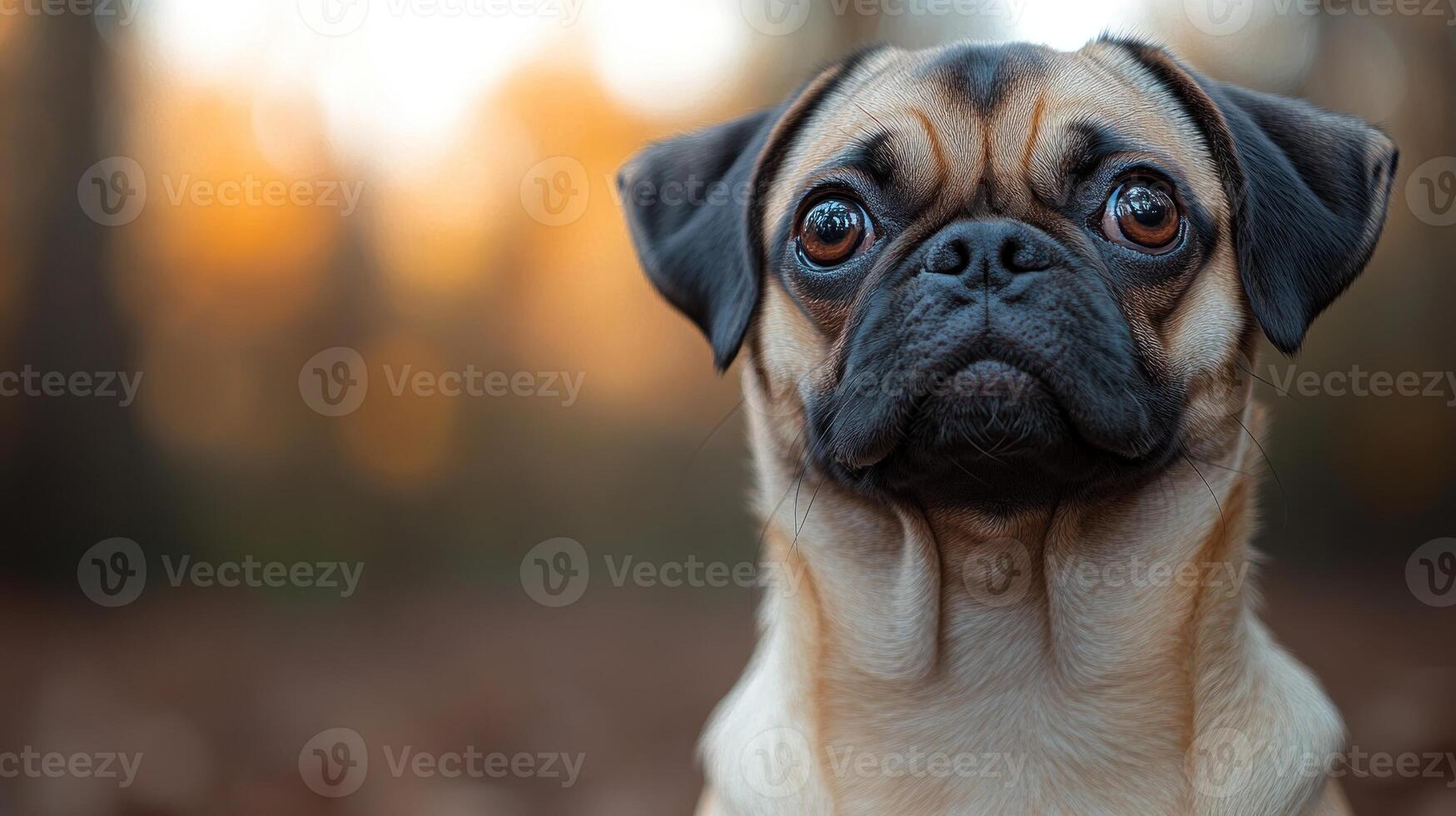 A delightful pug gazes curiously, surrounded by colorful autumn foliage photo