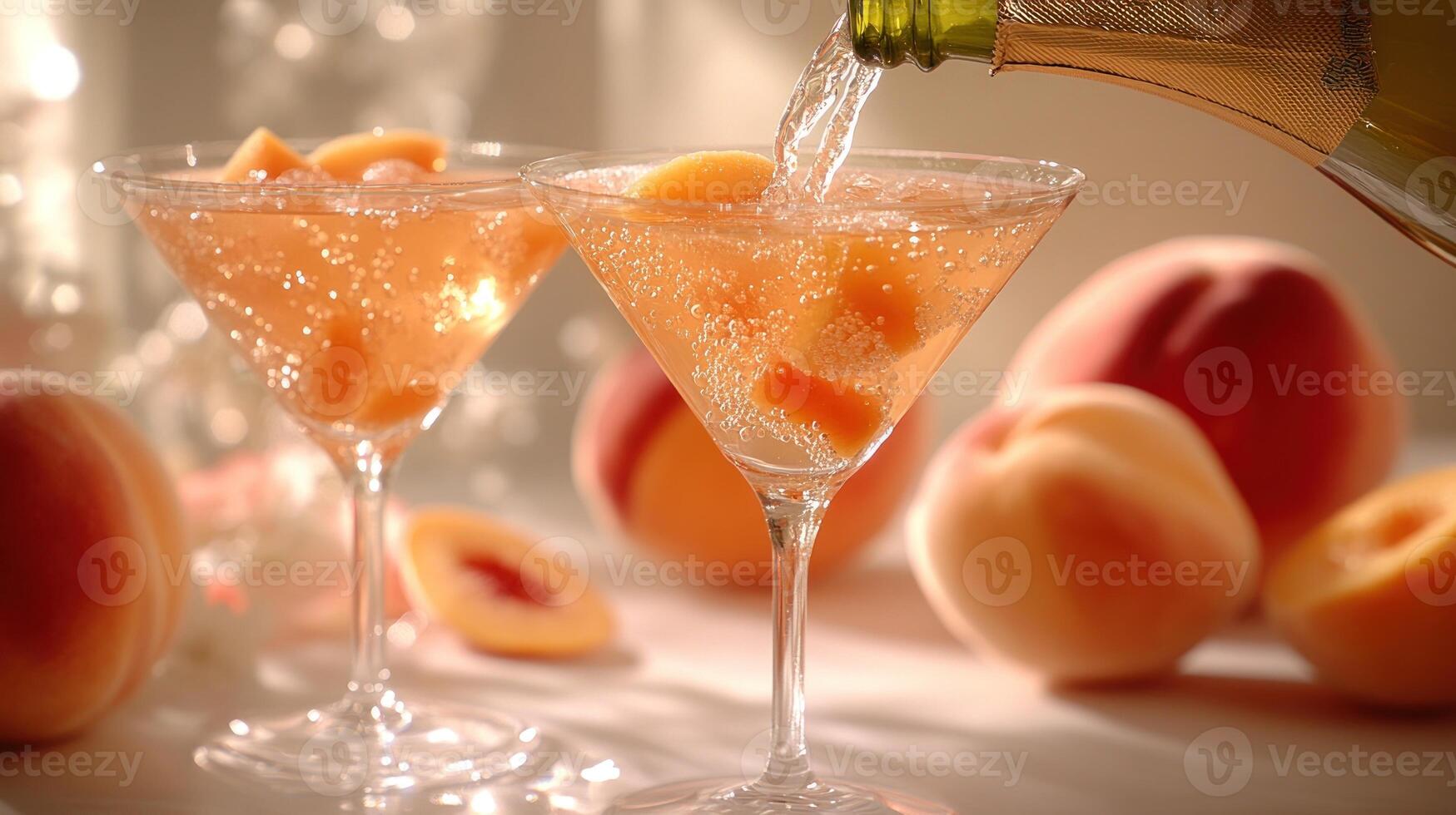 Sparkling cocktail with peach slices is poured into elegant glasses photo