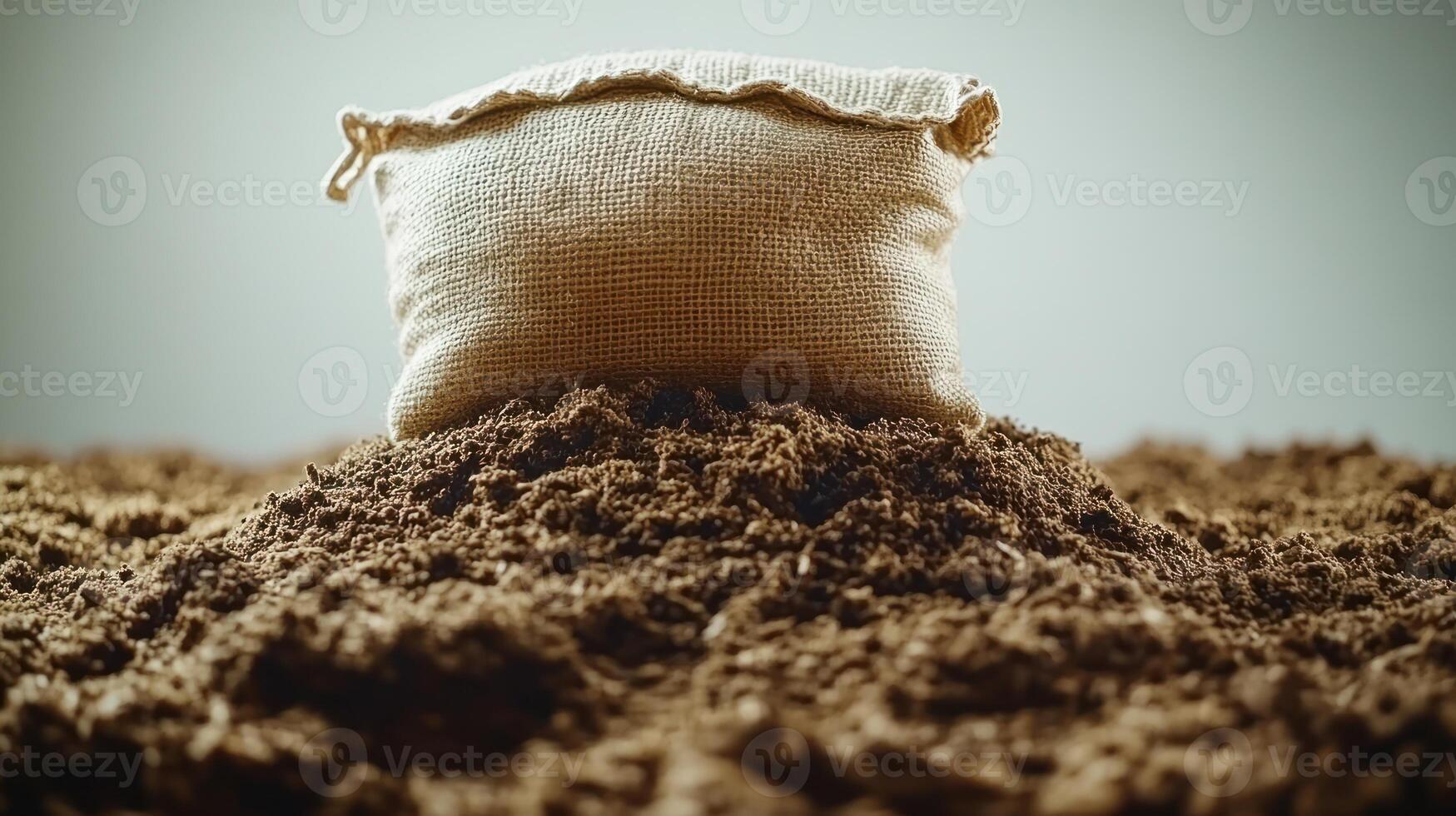 A burlap sack sits upon a mound of rich, dark soil, illuminated softly photo