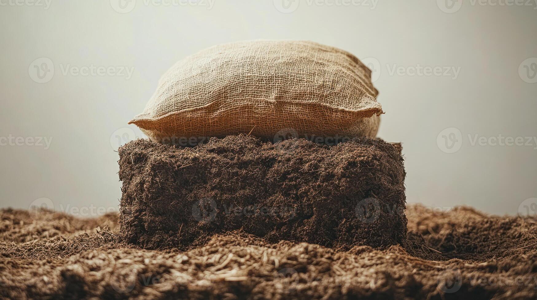 A burlap sack rests atop a mound of rich, earthy soil indoors photo